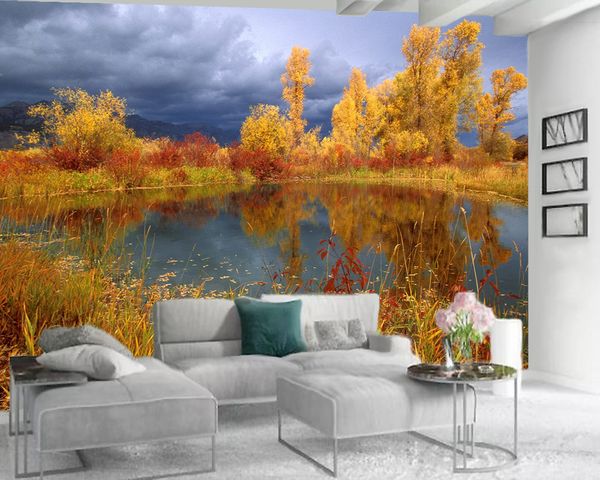 Papel tapiz moderno 3d, Mural romántico con paisaje 3d, hermoso paisaje de estanque de otoño, papel tapiz moderno para decoración del hogar