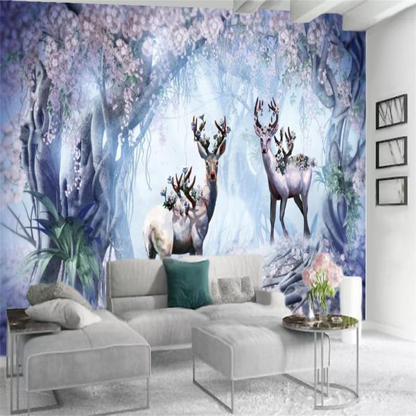 3d moderne papier peint cerf Sika dans la forêt de fleurs de rêve peinture exquise murale salon chambre amélioration de l'habitat fonds d'écran