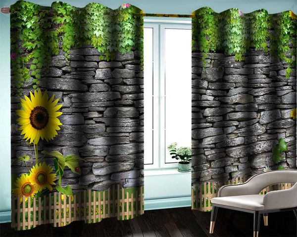 3D-Wandvorhang, modernes Blumenfenster, schöne gelbe Blumen, Steinmauer, schöne Vorhänge