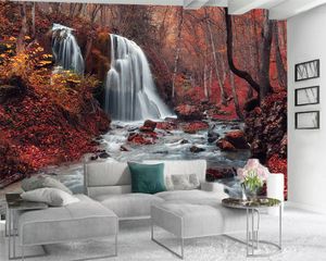 Papier peint mural 3D personnalisé Papier peint photo 3D Belle cascade dans la forêt rouge de rêve Salon Chambre Revêtement mural Fond d'écran HD