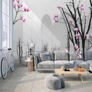 3D Muraal Wallpaper Modern Simple Dead Tree Big Tree Pink Bloemen Landschap Woonkamer Slaapkamer Wallcovering HD Wallpaper256A