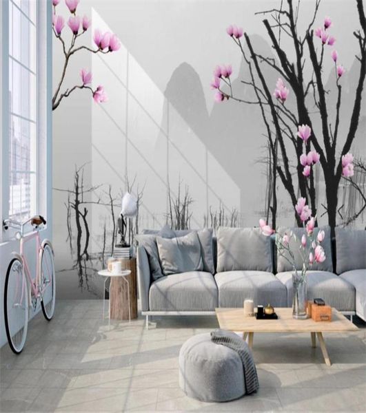 Papier peint mural 3d moderne simple arbre mort grand arbre fleurs roses paysage salon chambre revêtement mural HD Wallpaper7504672