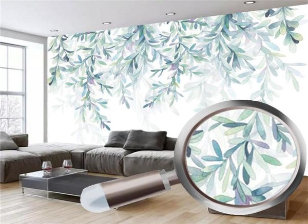 Papel tapiz mural 3D pequeño fresco pintado a mano acuarela hojas verdes nórdico minimalista sala de estar dormitorio cocina decoración del hogar Wallp1212120