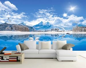 3d muurschildering behang swan meer Mooie landschap schilderij sneeuw berg woonkamer romantische landschap decoratieve zijde behang