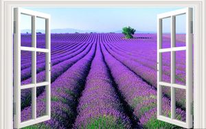 3D-muurschilderingen behang voor woonkamer venster paarse lavendel bloemen 3d wallpapers tv achtergrond