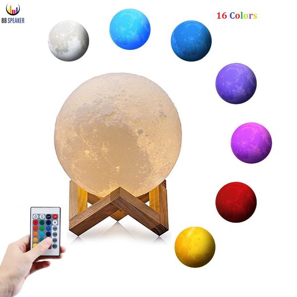 3D Night 16 Stepless Light Desk LED Moonlight Colors Luces de Navidad Luna mágica recargable para lámpara USB o regalos Weewl