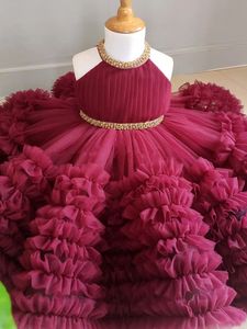 Robes d'épaule 3D Crystals Crystals Girls Boube de bal tutu Une ligne Flower Girl pour le mariage pour tout-petit du concours