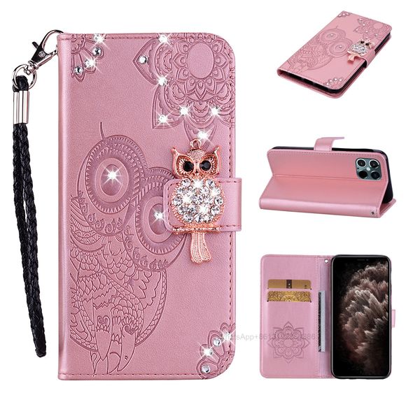 Cajas de billetera de cuero de búho 3D para iPhone 13 Mini 2021 12 11 Pro Max X XR XS 8 7 6 Bling Diamond Flower Lace Cute Slot Flip Cover Night Bird