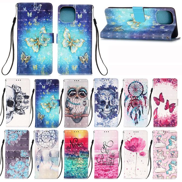 3D Búho Cráneo Sueño Flor Unicornio Fundas de cuero para iPhone 13 12 Mini 11 Pro XR XS Max X 8 Samsung S8 S9 S10 Plus S20 FE S21 Ultra Note 10 20 A12 A22 A32 A42 A52 A72 A02