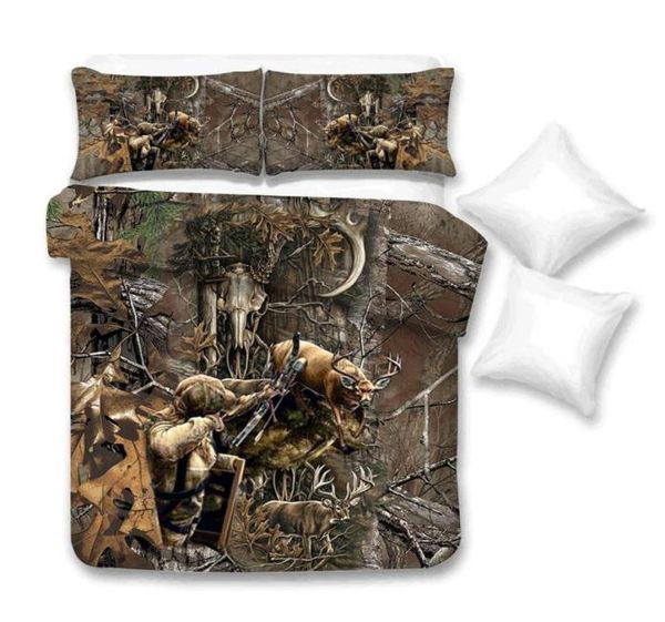 Conjunto de ropa de cama pintado en 3D King King Creative Artistic Hunter y ciervos Cubierta de edificio de ciervos Deco de cama doble de cama doble con almohada29801524
