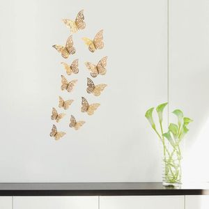 Autocollant mural creux en papier 3D, décoration stéréo de papillon pour salon chambre à coucher, simulation de maison, 12 pièces/ensemble
