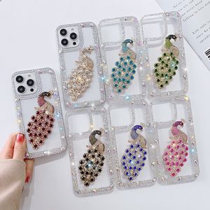 3D Peacock Bling Diamond Cases para Iphone 15 Plus 14 Pro Max 13 12 11 X XR XS 8 7 Fashion Luxury Shinny Hard PC Acrílico TPU Rhinestone Cute Lovely Women Phone Back Cover