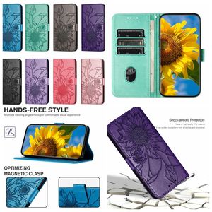 Étuis portefeuille en cuir PU à fleurs de tournesol pour iPhone 15 14 Plus 13 Pro Max 12 11 X XR XS 8 7 6 Mode Luxe Carte d'identité Slot Poche Cash Flip Cover Pochette pour téléphone portable Sac à main