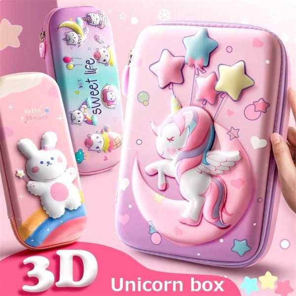 3D Crayon Cas EVA Boîte De Rangement Belle Rose Licorne Dessin Animé Stylo Sac pour School Girl Kawaii Papeterie Cadeau Pochette Gomme Titulaire EN 220110