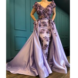 3D Petal Applique Prom Dresses met Overskirt Off Schouder Korte Mouwen Satijnen Sweep Train Avondjurk Glamoureuze Saudi Mermaid Party Jurk