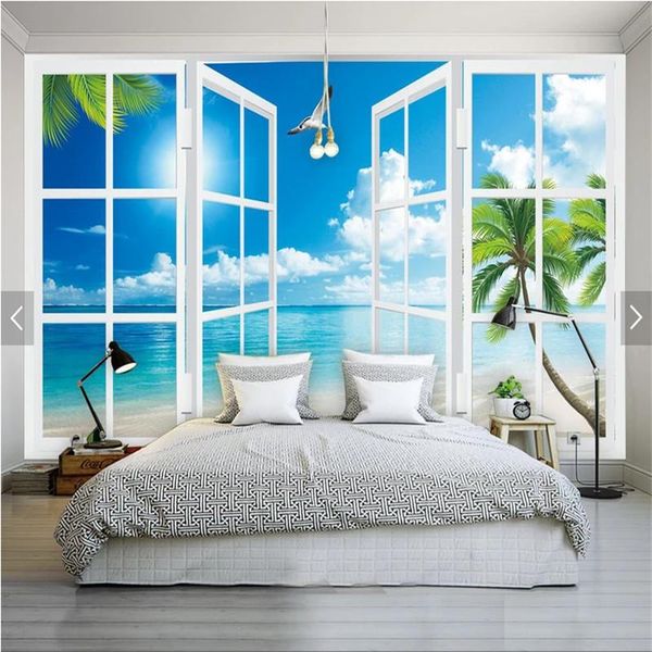 3D photo papier peint bleu ciel blanc nuages cocotier plage vue sur la mer papier peint mural 3d pour salon chambre papel de parede