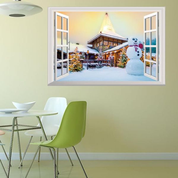 Papel tapiz fotográfico 3D Navidad Papá Noel ventanas 3d pegatinas de pared personalizadas hogar Decoración navideña Nieve pegatinas de pared Fondos de pantalla A145