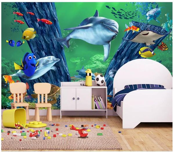 3D photo papier peint personnalisé 3d peintures murales papier peint 3d requin dauphins en trois dimensions monde sous-marin la chambre des enfants chambre d'enfants chambre murale