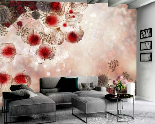 Papel tapiz fotográfico 3d, Mural, flores de linterna roja, papel tapiz 3D, decoración interior atmosférica Premium, papel tapiz 3d clásico