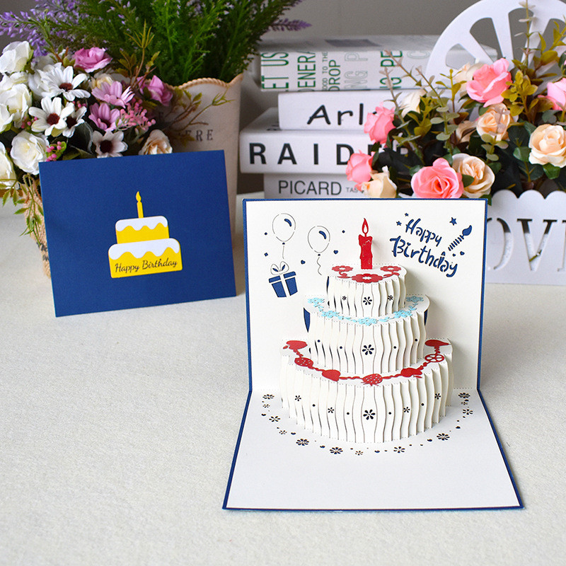 3D Pop UP Birthday Cake Greeting Cards Happy Birthday Gift Greeting Card Postcards with Envelope 3 Colors