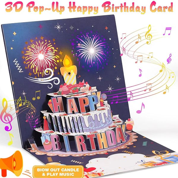 Tarjeta de cumpleaños soplable en 3D Pop Up con luces Música Happy Birthday Firework Pasting Tarjeta de felicitación Regalo para esposa Mamá niños 240323