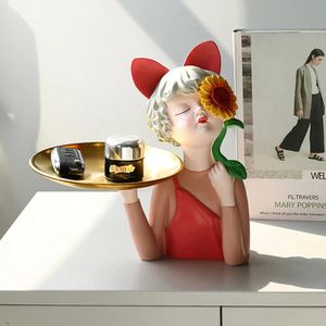 3D Mooi zonnebloem meisje standbeeld Home Decoratie Figurine Miniatuur Sculptuur Tabel Decor Living Room Decoratieve bureau Opslag 231221