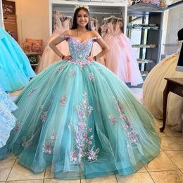 3D Prinses Bloemen Quinceanera Jurken Off Schouder Applicaties Kralen Lace-up Mexi Sweet 16 Jurk Vestidos De 15 Anos