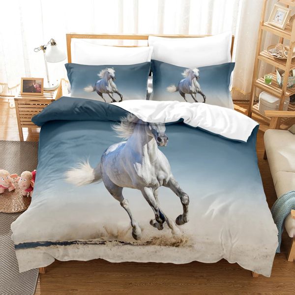 Juego de ropa de cama de caballos impresas en 3D para el tamaño del rey, cubierta nórdica, 200x200 con fundas de almohadas, juego de cama doble, 2 personas, juegos de edredones de lujo