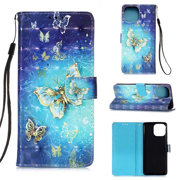 Étui portefeuille en cuir PU à motif d'impression 3D pour iphone 14 13 12 11Pro Max XS XR 8 7 6S Plus fleur papillon