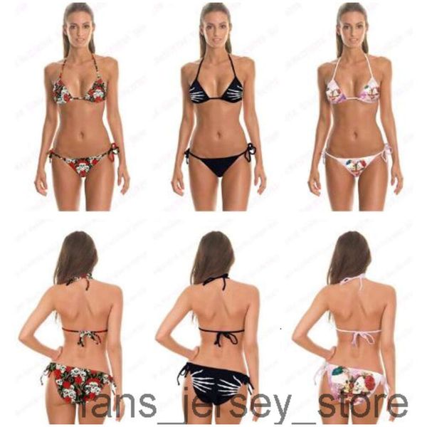 Maillot de bain deux pièces imprimé crâne 3D, ensemble deux pièces, fleurs colorées, baiser, doigts de crâne, vêtements de plage, bandages pour femmes, bon marché