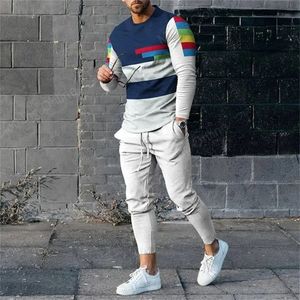 Costume pour homme à manches longues à rayures imprimées en 3D T-shirt 2 pièces Ensemble Streetwear Survêtement décontracté Homme Surdimensionné Hauts Pantalon de survêtement de basket-ball 240311