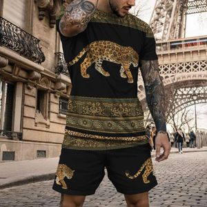 Conjunto de camiseta y pantalones cortos con estampado de leopardo en 3D para hombre, traje de manga corta a la moda, Top deportivo cómodo con cuello redondo de talla grande