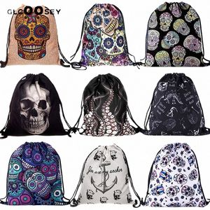 Impresión 3D Bolsa con cordón Viaje Lienzo Dibujar Bolsa de cadena Cráneo Pulpo Patrón Harajuku Mochila gótica Mochila escolar f3UP #