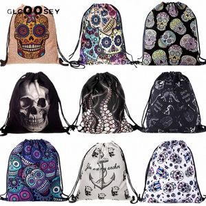 3D -printen Drawstring Bag Tas Canvas Draw String Bag Skull Octopus Patroon Harajuku Gothic Backpack Schoolbag 12Jn#