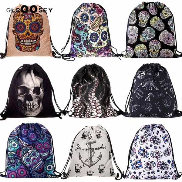 3D Impresión Drawstring Bag Canvas Draw String Bag Skull Patrón de pulpo Harajuku Mochila gótica Bolsa de escuela 12jn#