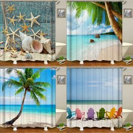 3D-afdrukken zeezicht strand shell zee surf douche gordijnen badkamer gordijn waterdicht polyester doek met haak bad thuis decor 211116