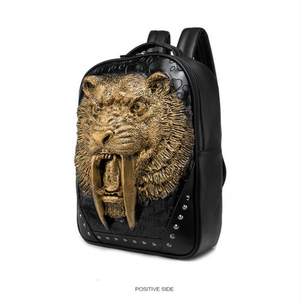 Sac à dos punk 3D tête de lion animal mâle, sac d'ordinateur de voyage cool, Design de tête en PU, cartables de bonne qualité