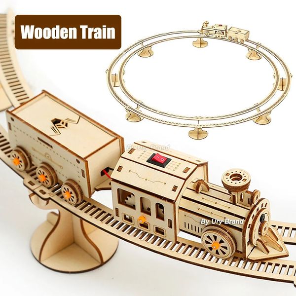 Puzzle 3D Train à vapeur mobile avec piste, jouet d'assemblage électrique, cadeau pour enfants et adultes, Kits de blocs de construction de modèles en bois 240122