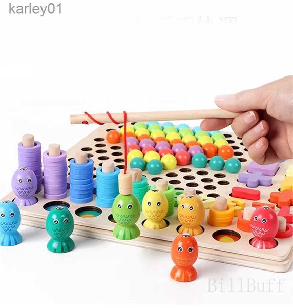 Puzzles 3D 13in1 Clip Bead Fishing Board Montessori Educational Wooden Puzzle 3d Wooden Brain entrenamiento de aprendizaje intelectual Toy YQ231222