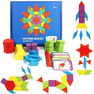 3D -puzzels 155 pc's houten patroonblokken set geometrische vorm puzzel kleuterschool klassiek educatief montessori tangram speelgoed voor kinderen 240419