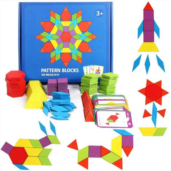 Puzzles 3D 155 PCS Blocs de motifs en bois Set Geometric Shape Puzzle Kindergarten Classic Educational Montessori Tangram Toys for Kids 240419