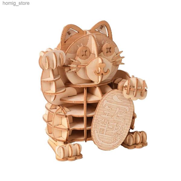 Puzzles 3D Puzzles 3D Diy Lucky Cat Puzzles Toys Assemblage Constructeur Blocs de construction Kits pour enfants Adultes Handmade Wooden Animal Jiagsaw Modèles Y240415