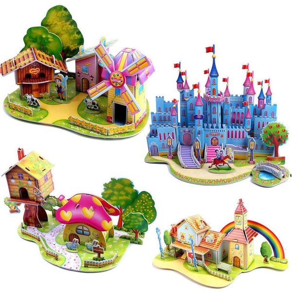 Rompecabezas 3D 3D DIY Rompecabezas Castillo Modelo de ensamblaje Casa de dibujos animados Juguete de papel Niño Aprendizaje temprano Patrón de construcción Regalo Niños Casa Rompecabezas 230616