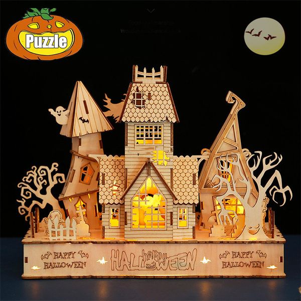 Rompecabezas 3D 3D Casa embrujada de Halloween Rompecabezas de madera Fantasma Casa del árbol Luz Modelo de bricolaje Kits de artesanía Decoración de escritorio Juguetes Regalo para niños 230616