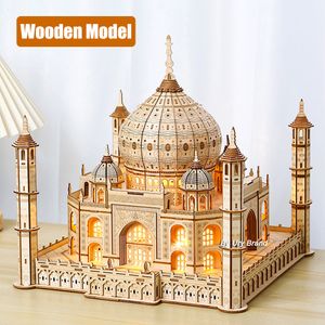 3D Puzzles 3D Wooden Puzzle House Royal Castle Taj Mahal With Light Assembly Toy For Kids Adult DIY Model Kits Desk Decoration for Gifts 230616