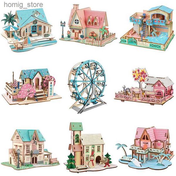 Puzzles 3D Puzzle en bois 3D Jigsaw Wood House Construction Modèle de bricolage Kits Educational Toys for Children Kids Room Decoration Y240415