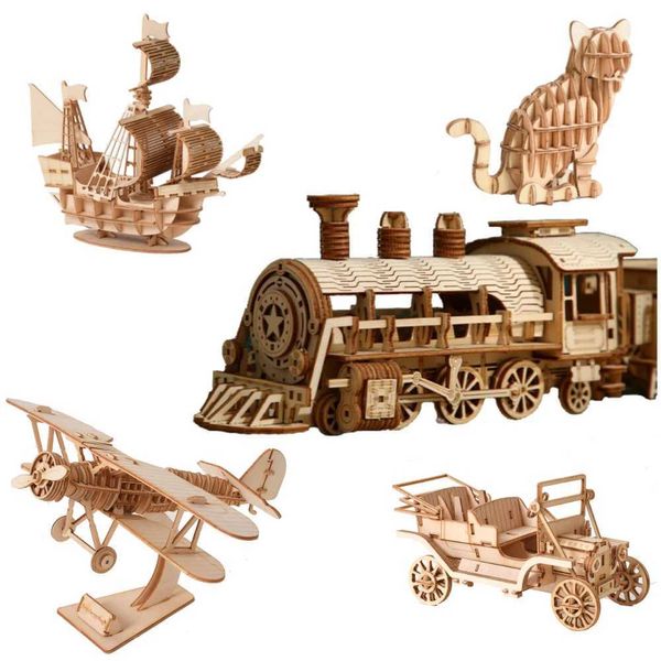 Puzzles 3d Puzzle de construction de trains à vapeur en bois 3D Puzzle de construction de childrens Linden Simulation Ship Carplane Cat Boy Giftl2404