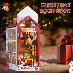 Puzzles 3D Noël DIY Book Nook Puzzle 3D Maison de poupée avec capteur de lumière Housse anti-poussière Boîte à musique Roombox Idées cadeaux de Noël pour cadeau de Noël 240314