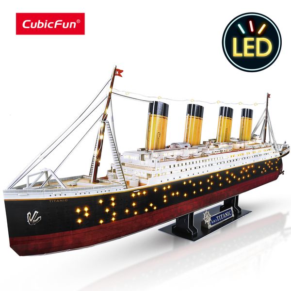 Puzzles 3D CubicFun Puzzle 3D Adulte LED Titanic Navire Modèle 266 pcs Croisière Puzzle Jouet Éclairage Kit De Construction Décoration De La Maison Cadeau 230329