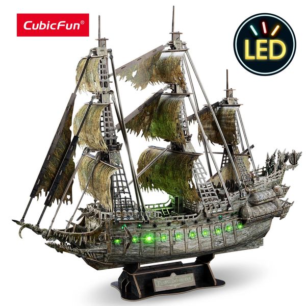 Puzzles 3D CubicFun Puzzles 3D LED verte modèle de bateau pirate hollandais volant 360 pièces kits éclairage bâtiment fantôme voilier cadeaux pour adulte 231212